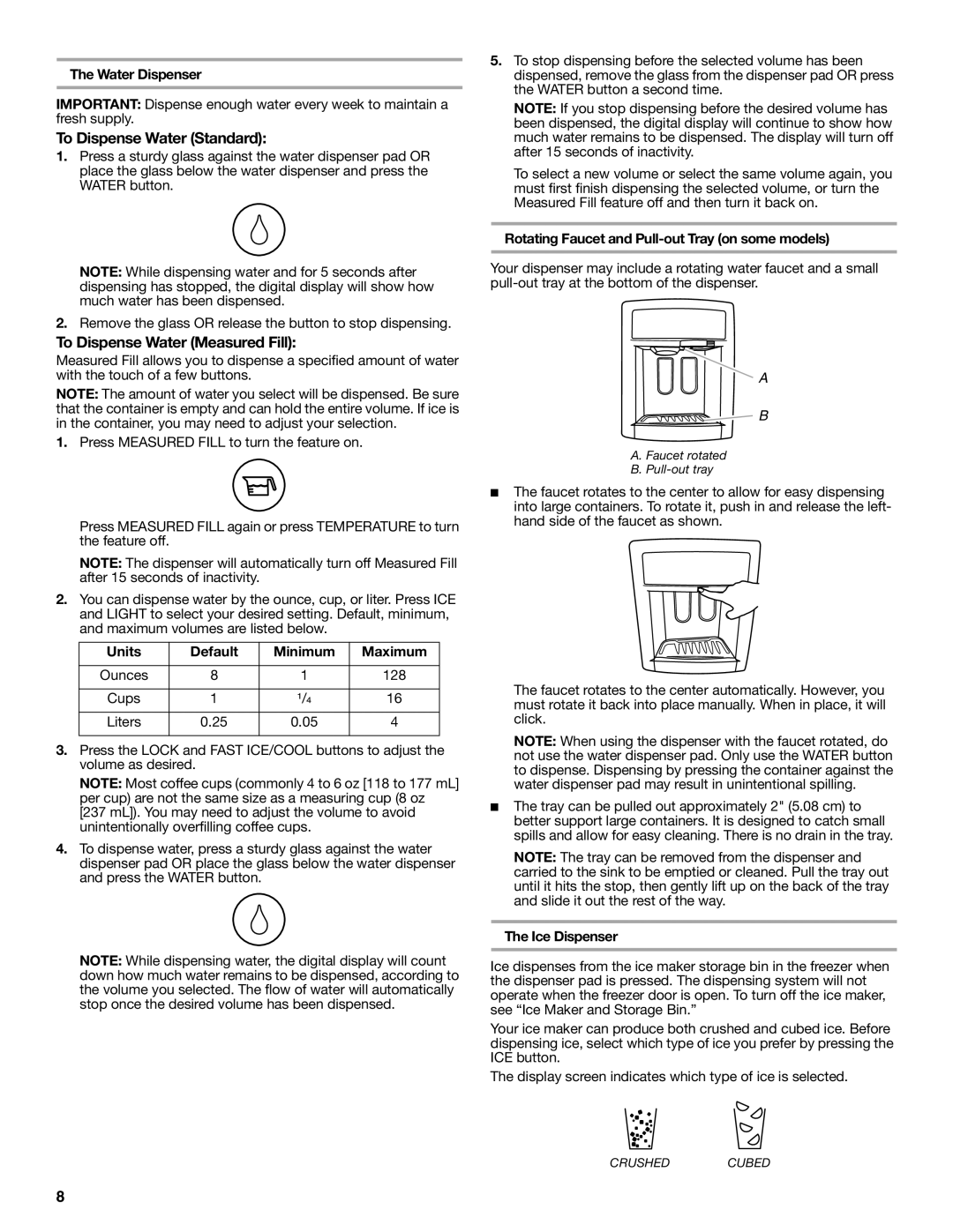 Whirlpool GS6NHAXV installation instructions To Dispense Water Standard, To Dispense Water Measured Fill 