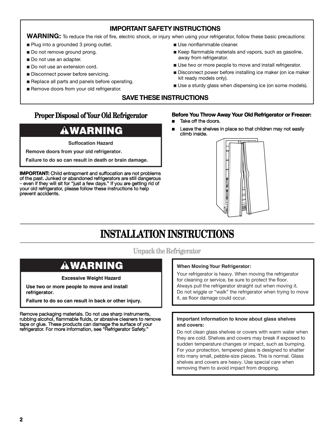 Whirlpool GS6NHAXV Installation Instructions, Unpack the Refrigerator, Important Safety Instructions 