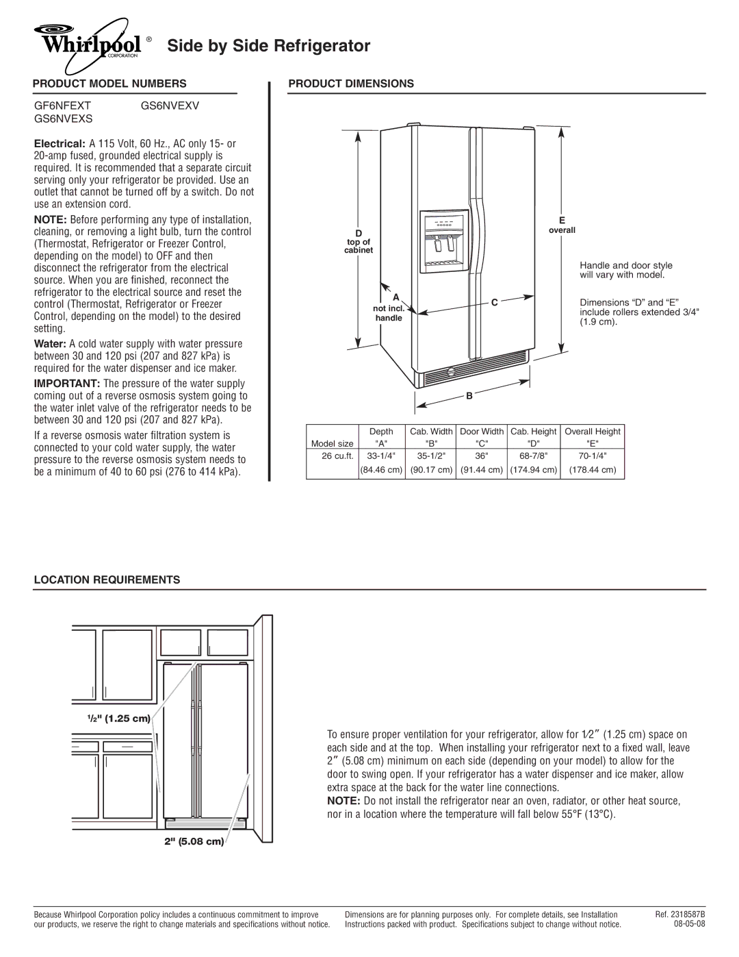 Whirlpool GS6NVEXV dimensions Side by Side Refrigerator, Product Model Numbers, Product Dimensions, Location Requirements 