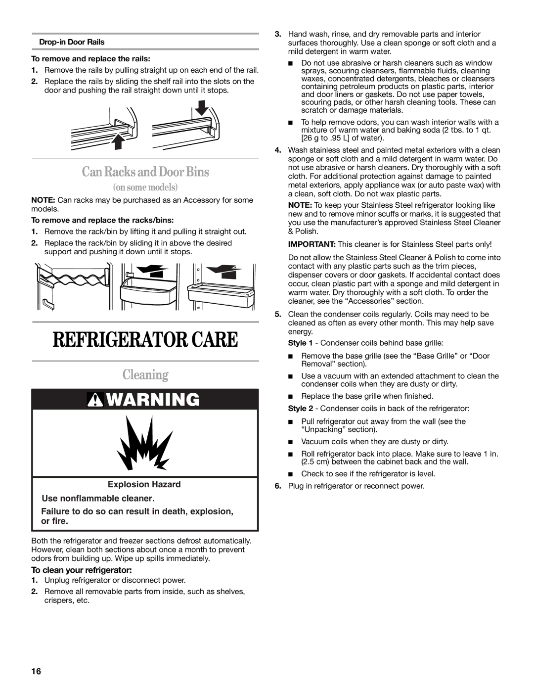 Whirlpool GS6SHANLB00 Can Racks and Door Bins, Cleaning, To clean your refrigerator, To remove and replace the racks/bins 