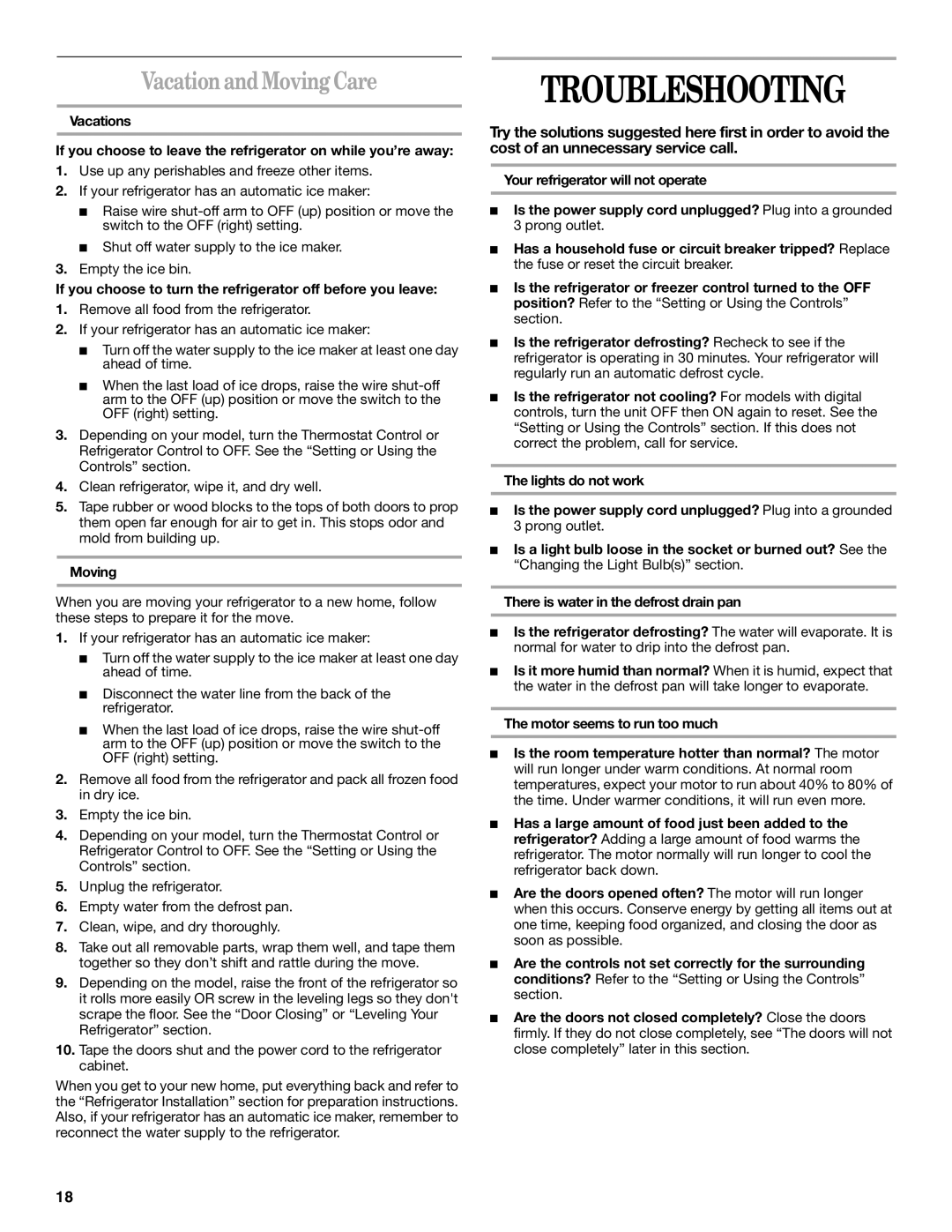 Whirlpool GS6SHANLB00 manual Troubleshooting, Vacation and Moving Care 