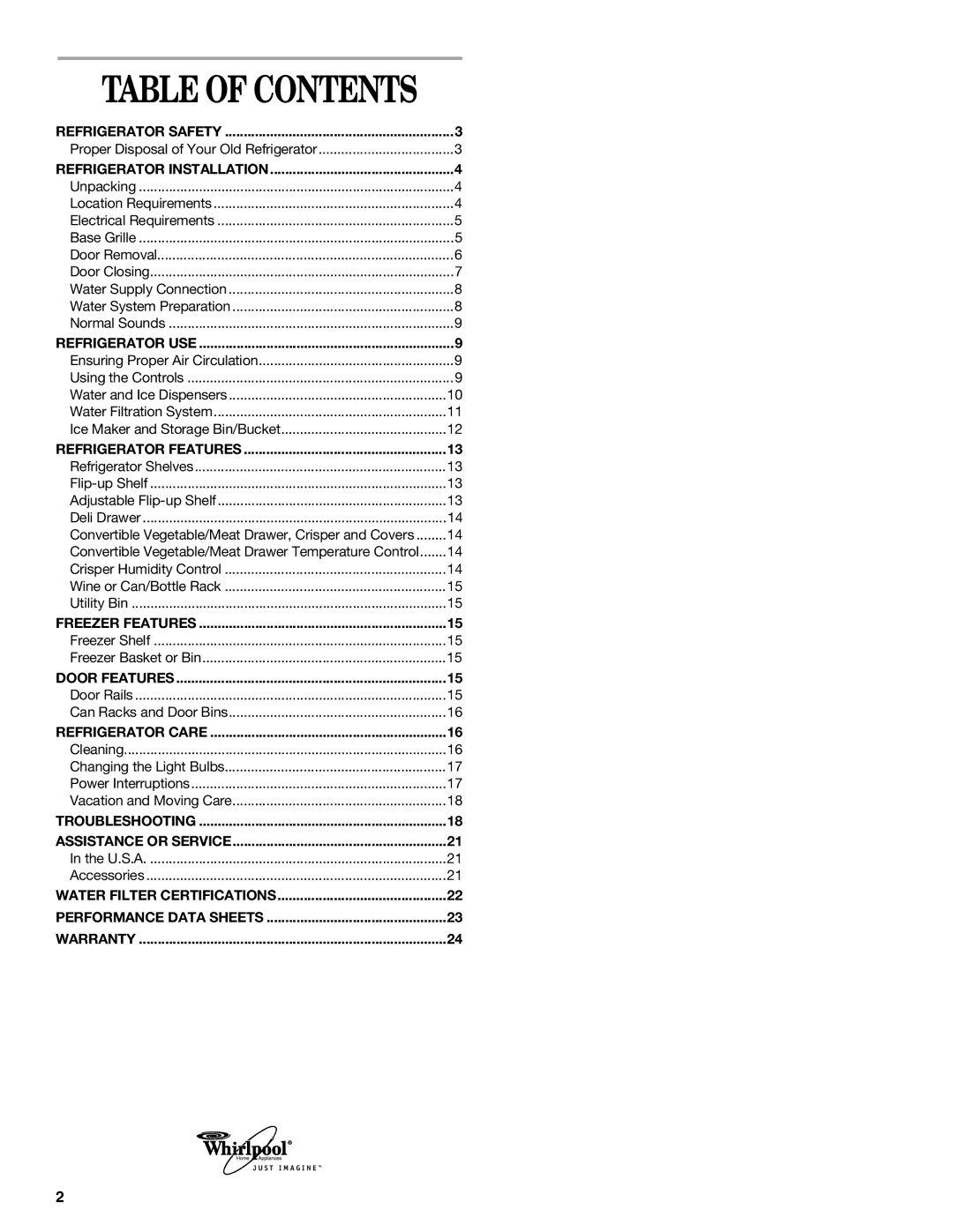 Whirlpool GS6SHANLB00 manual Table of Contents 