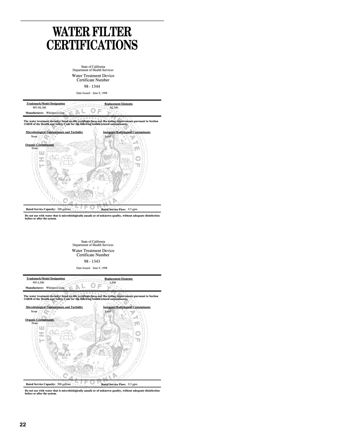 Whirlpool GS6SHANLB00 manual Water Filter Certifications 