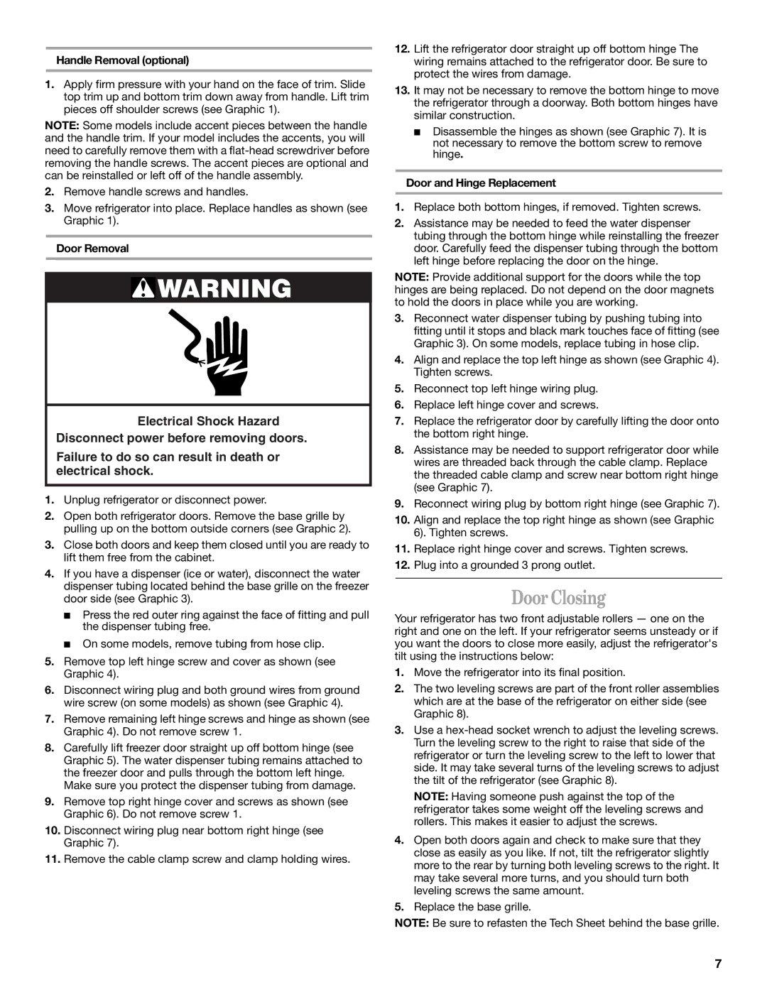 Whirlpool GS6SHANLB00 manual Door Closing, Handle Removal optional, Door Removal, Door and Hinge Replacement 