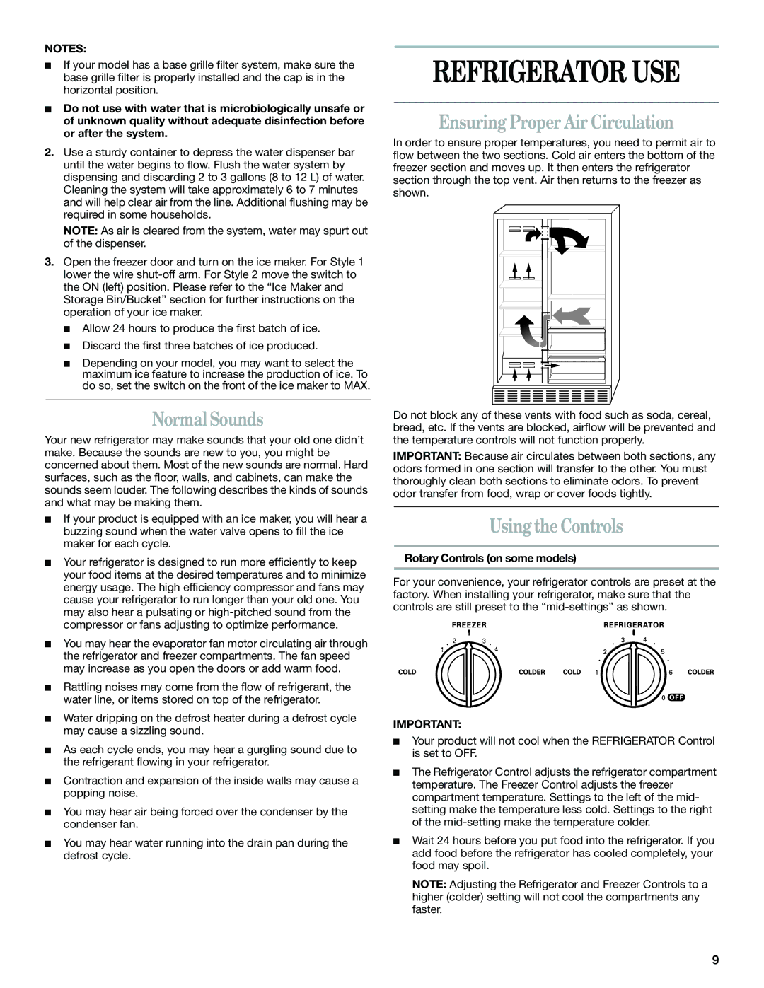 Whirlpool GS6SHANLB00 manual Refrigerator USE, Normal Sounds, Ensuring Proper Air Circulation, Using the Controls 