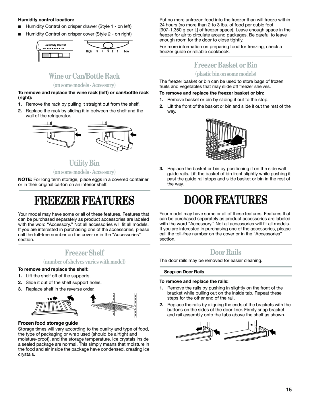 Whirlpool GS6SHANLB00 manual Freezer Features, Door Features, Wine or Can/Bottle Rack, Utility Bin, Freezer Basket or Bin 