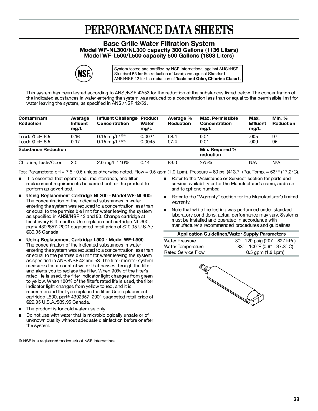 Whirlpool GS6SHANLB00 Performance Data Sheets, Base Grille Water Filtration System, Contaminant, Average, Product, Min. % 