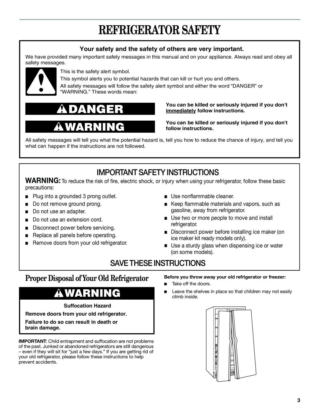 Whirlpool GS6SHANLB00 manual Refrigerator Safety, Important Safety Instructions, Save These Instructions 