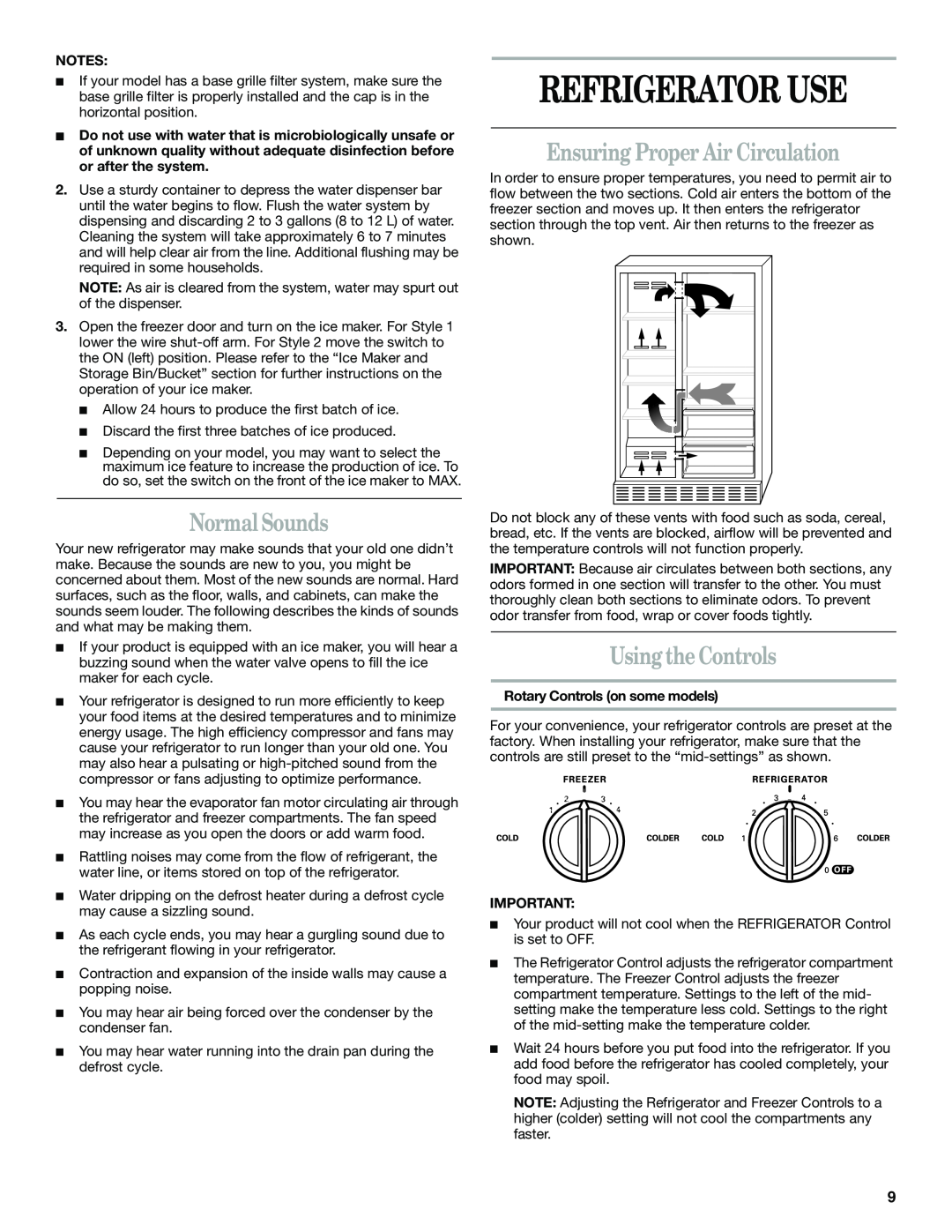 Whirlpool GS6SHANLB00 manual Refrigerator Use, Normal Sounds, Ensuring Proper Air Circulation, Using the Controls 