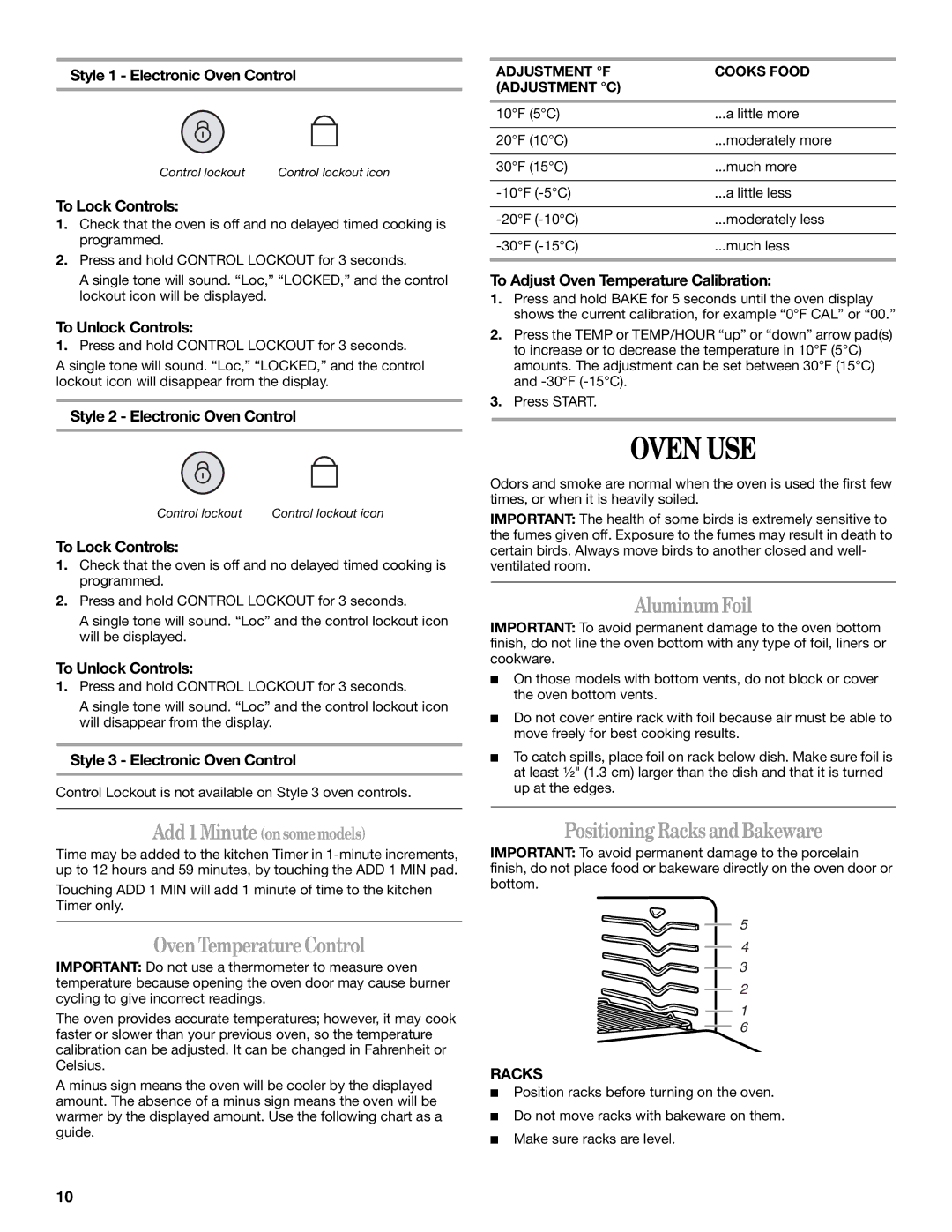 Whirlpool GS773LXS manual Oven USE, Aluminum Foil, Oven Temperature Control, Positioning Racks and Bakeware 