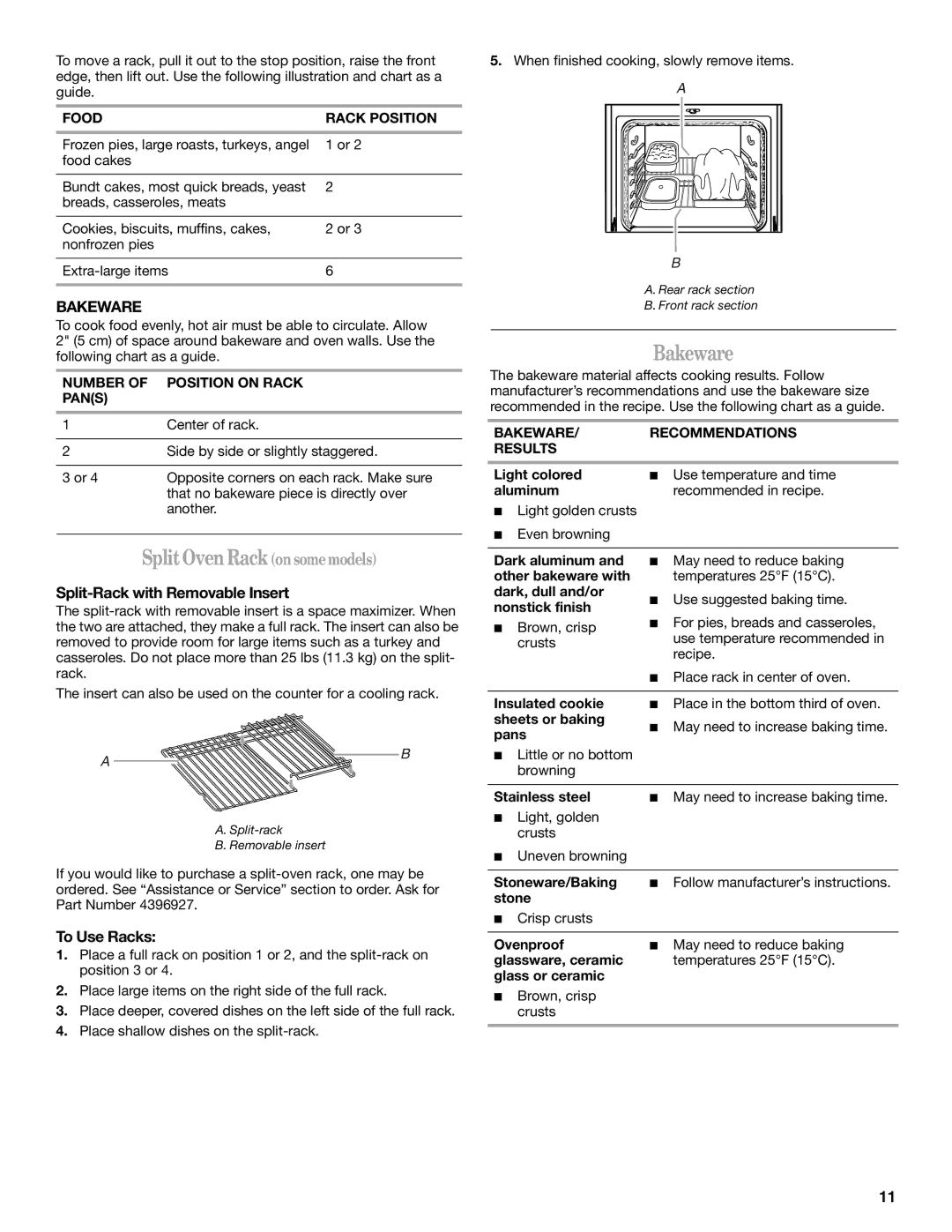 Whirlpool GS773LXS manual Split Oven Rack on some models, Bakeware, Split-Rack with Removable Insert, To Use Racks 