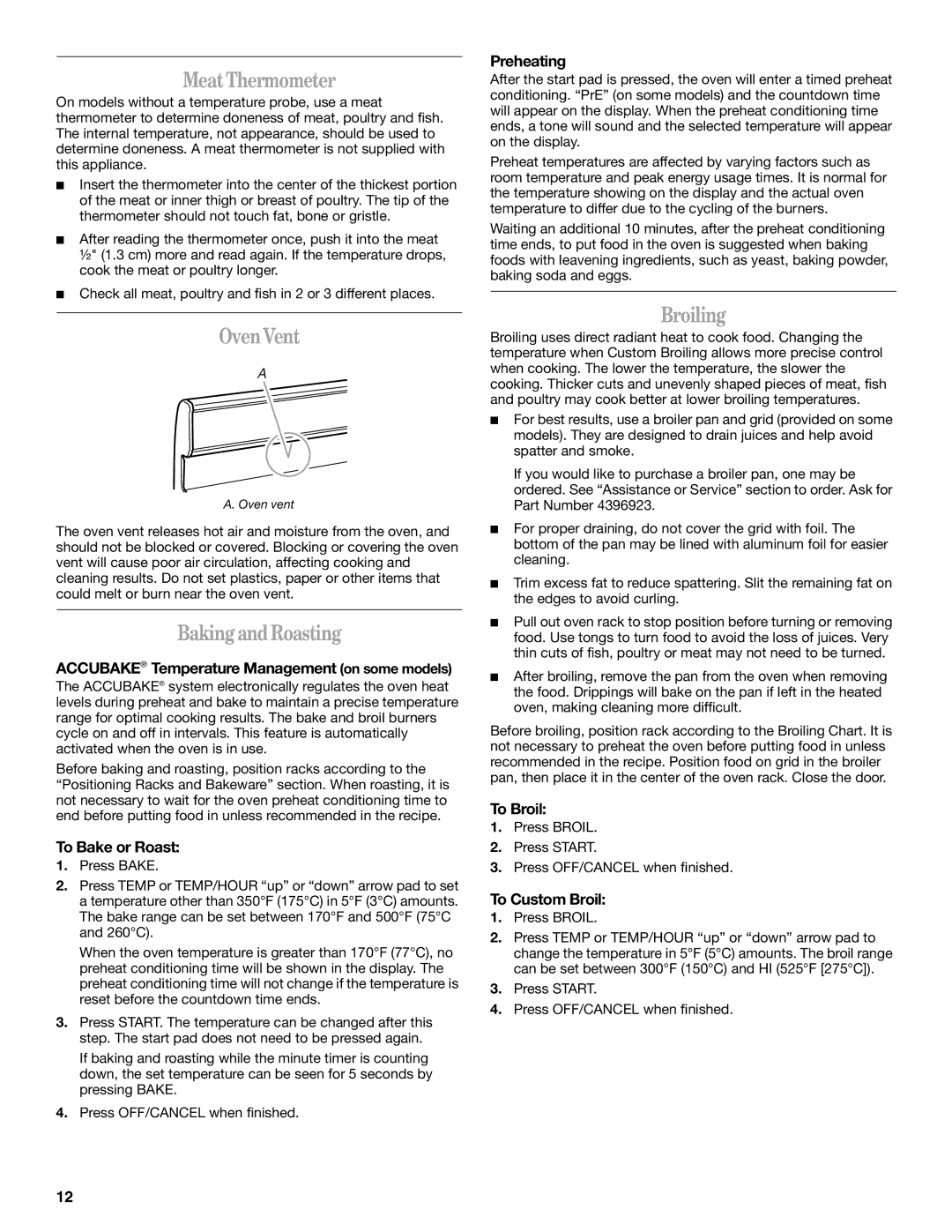 Whirlpool GS773LXS manual Meat Thermometer, Oven Vent, Baking and Roasting, Broiling 