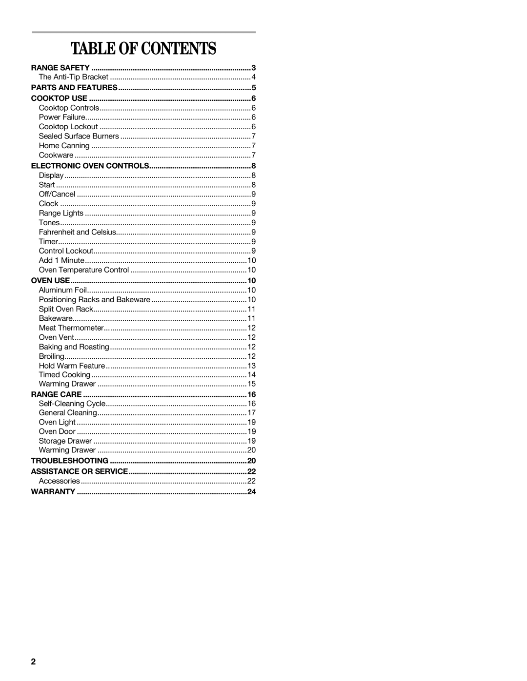 Whirlpool GS773LXS manual Table of Contents 