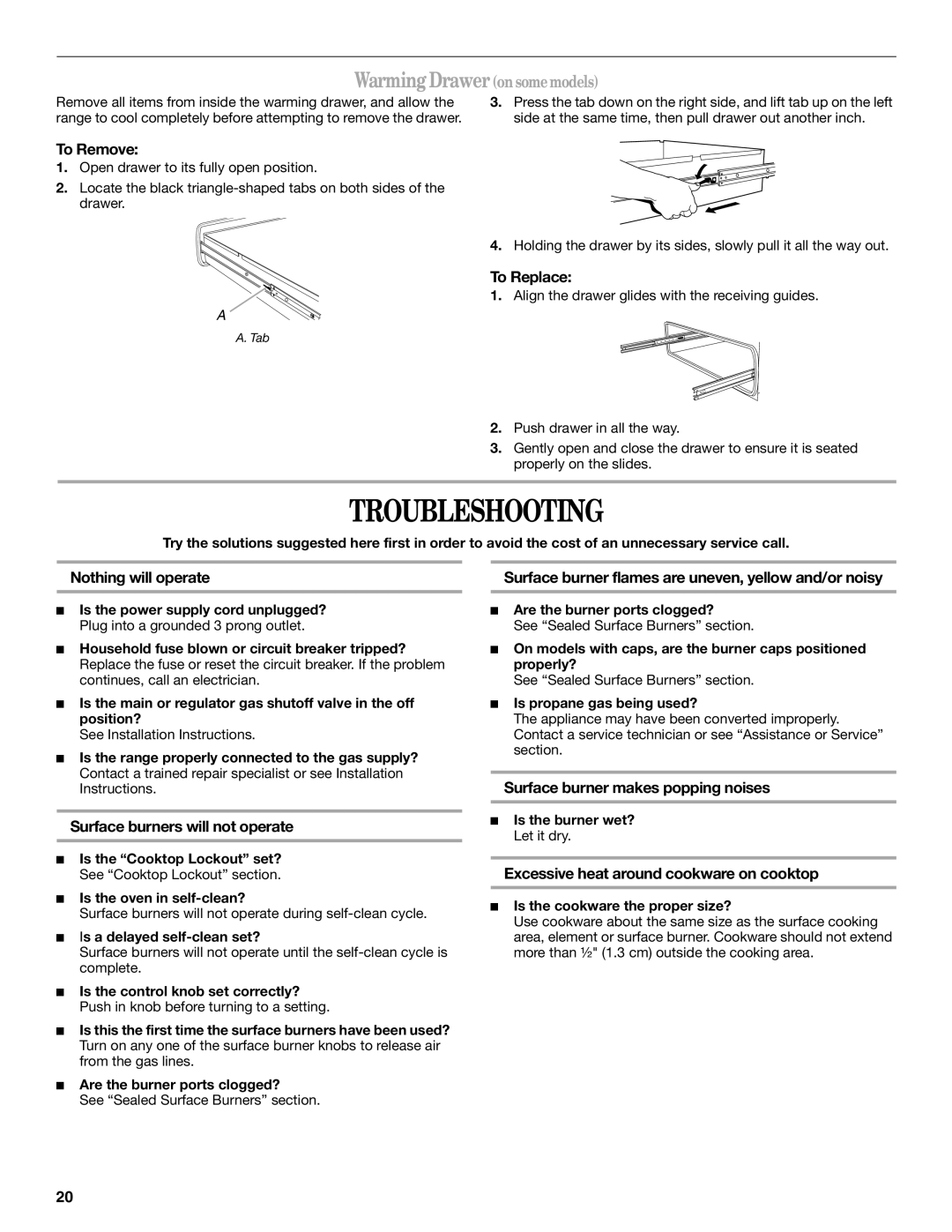 Whirlpool GS773LXS manual Troubleshooting, Warming Drawer on some models 