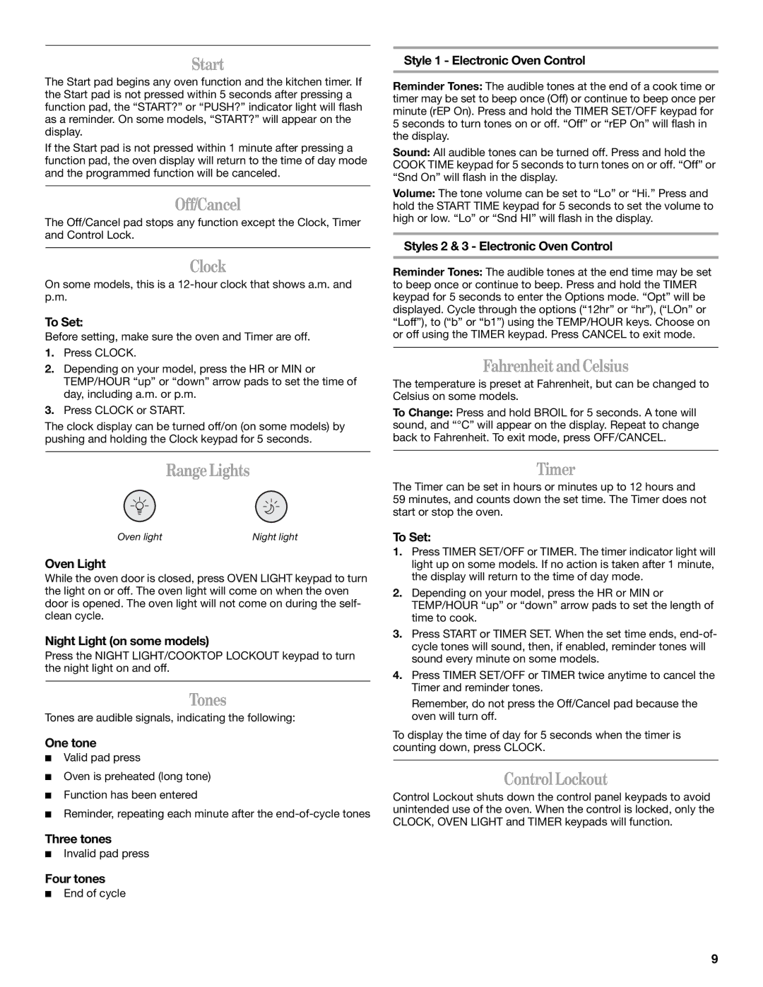 Whirlpool GS773LXS manual Start, Off/Cancel, Clock, Fahrenheit and Celsius, Range Lights, Tones, Timer, Control Lockout 