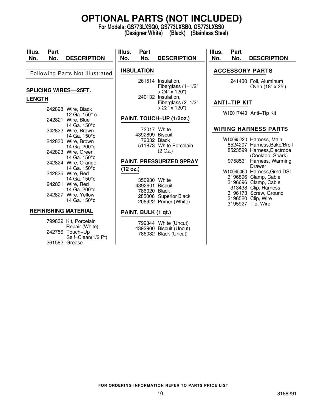 Whirlpool GS773LXSS0, GS773LXSB0, GS773LXSQ0 Optional Parts not Included, Splicing WIRES−−25FT Length 