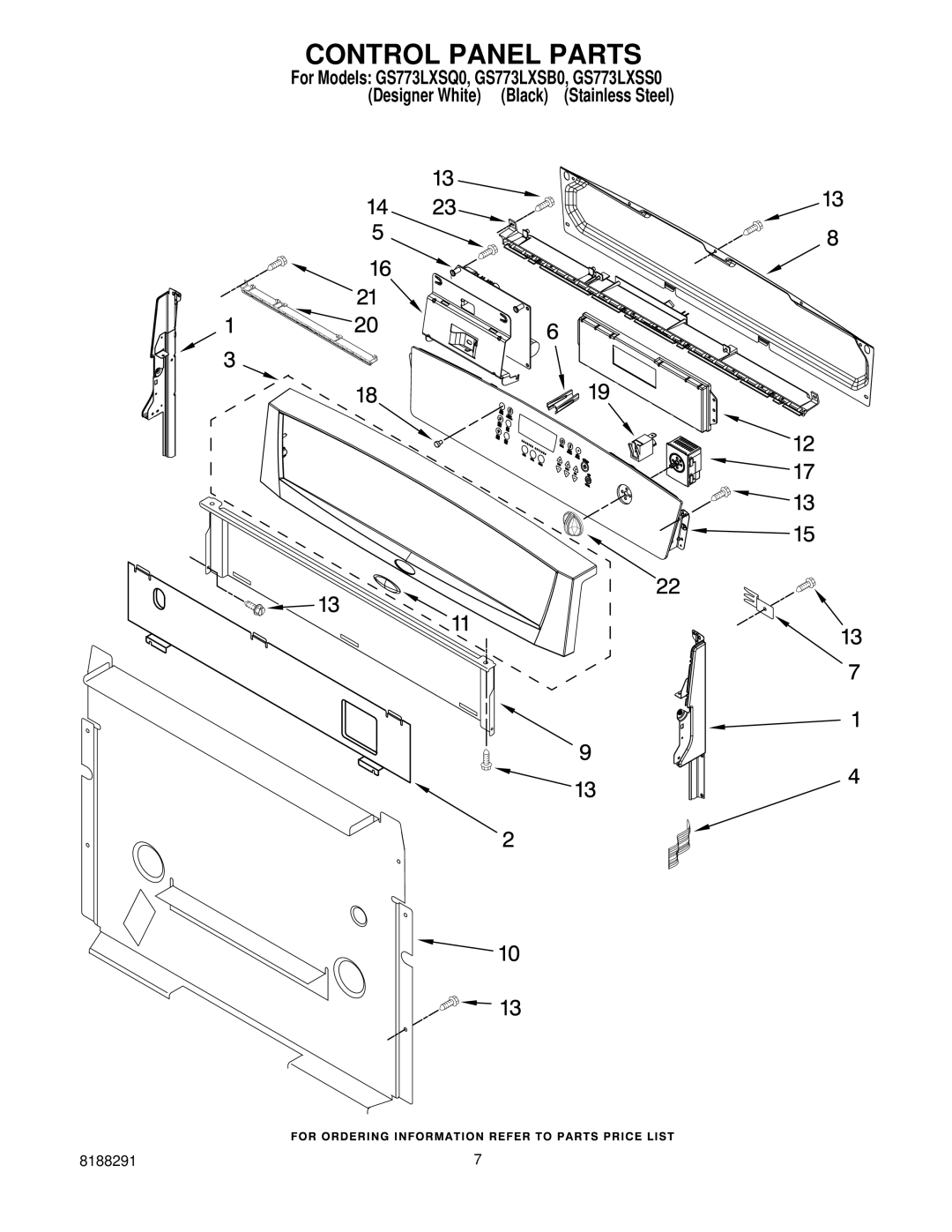 Whirlpool GS773LXSS0, GS773LXSB0, GS773LXSQ0 installation instructions Control Panel Parts 