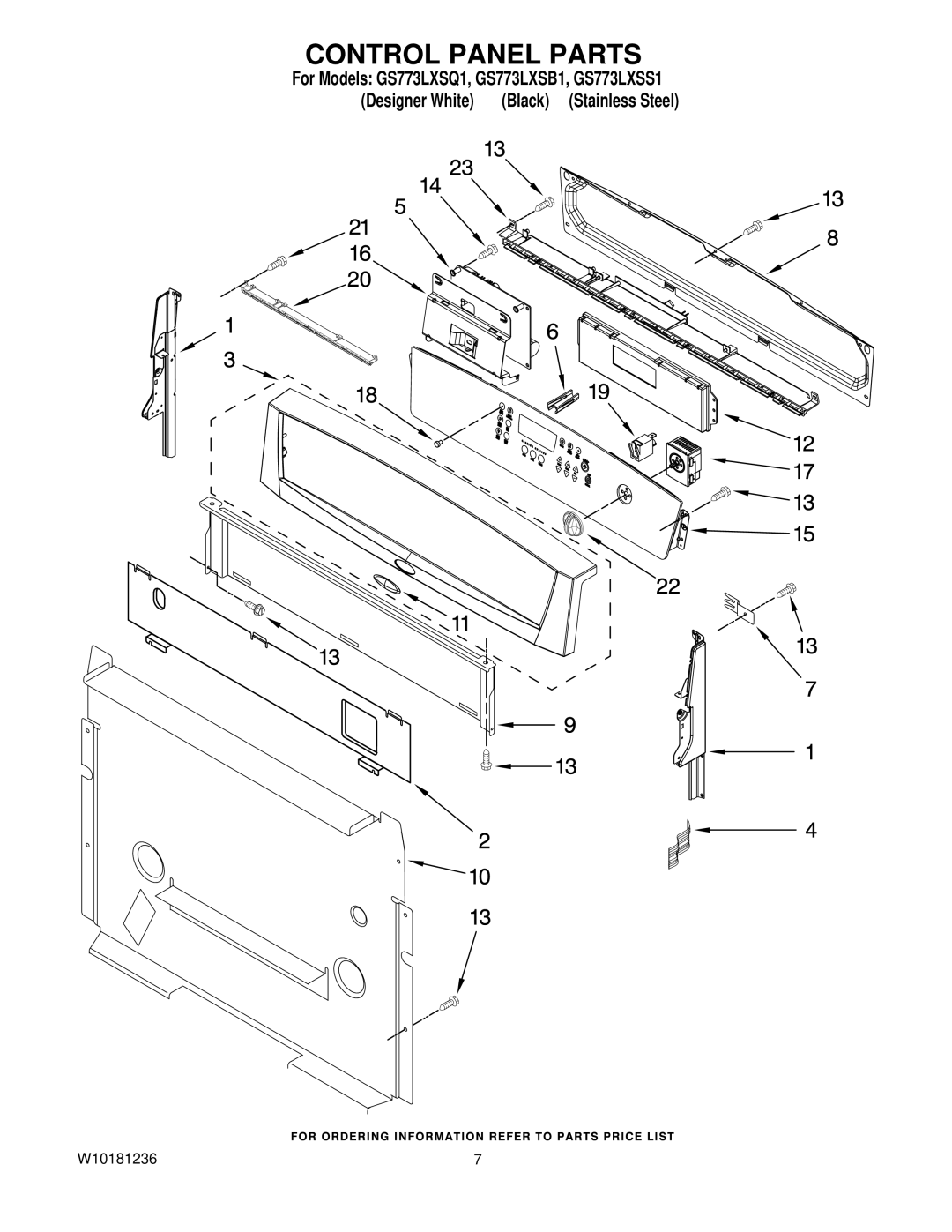 Whirlpool GS773LXSQ1, GS773LXSB1, GS773LXSS1 installation instructions Control Panel Parts 