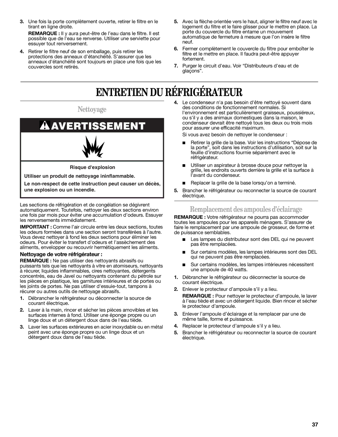 Whirlpool GSC25C6EYW, GSC25C6EYB, GSC25C6EYY Entretien DU Réfrigérateur, Nettoyage, Remplacement des ampoules d’éclairage 