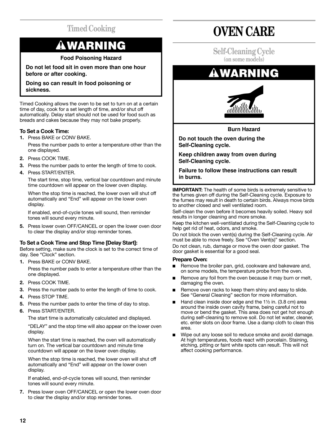 Whirlpool GSC278 YGSC278 manual Oven Care, Timed Cooking, Self-Cleaning Cycle 