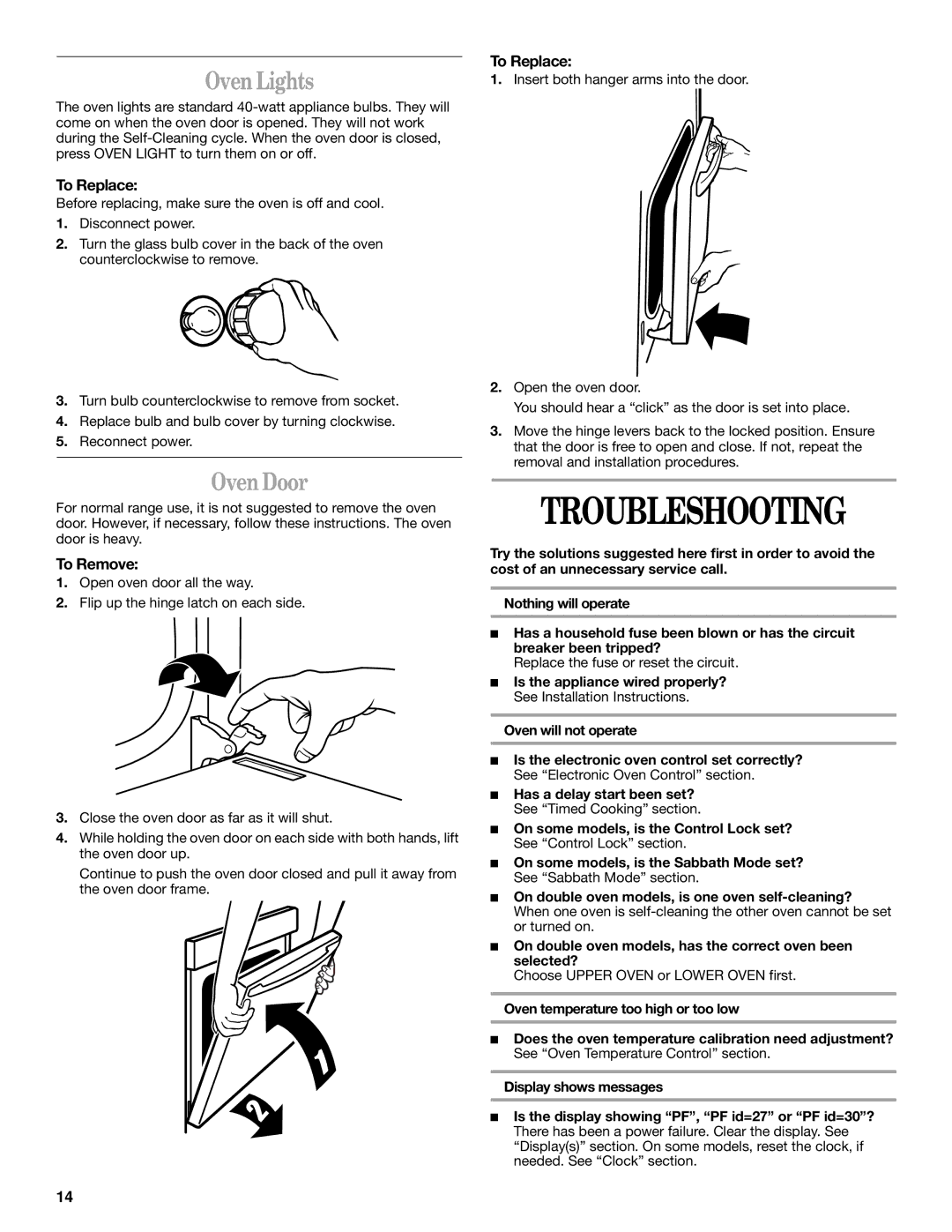 Whirlpool GSC278 YGSC278 manual Troubleshooting, Oven Lights, Oven Door, To Replace, To Remove 