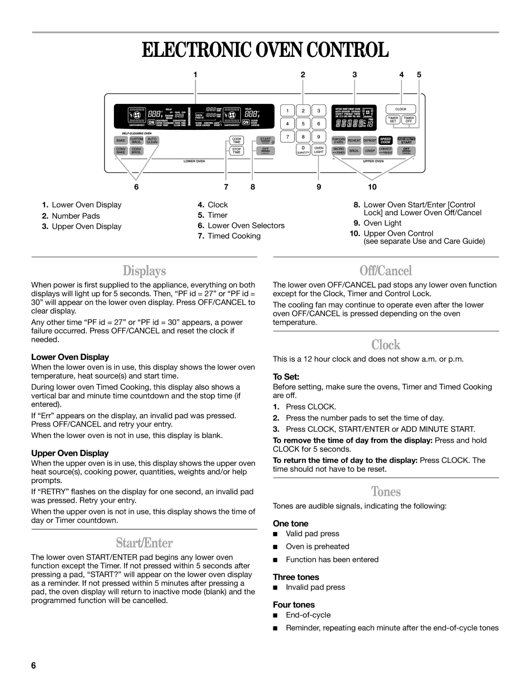 Whirlpool GSC278 YGSC278 manual Electronic Oven Control, Displays Off/Cancel, Start/Enter, Clock, Tones 