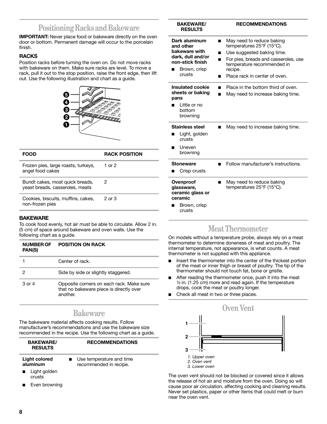 Whirlpool GSC278 YGSC278 manual Positioning Racks and Bakeware, Meat Thermometer, Oven Vent 