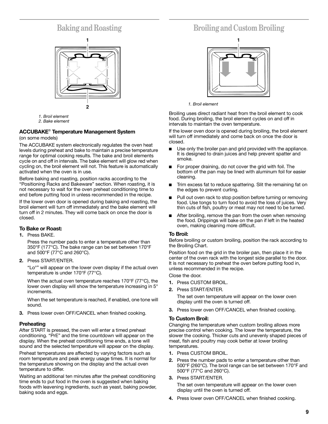 Whirlpool GSC278 YGSC278 manual Baking and Roasting, BroilingandCustom Broiling 