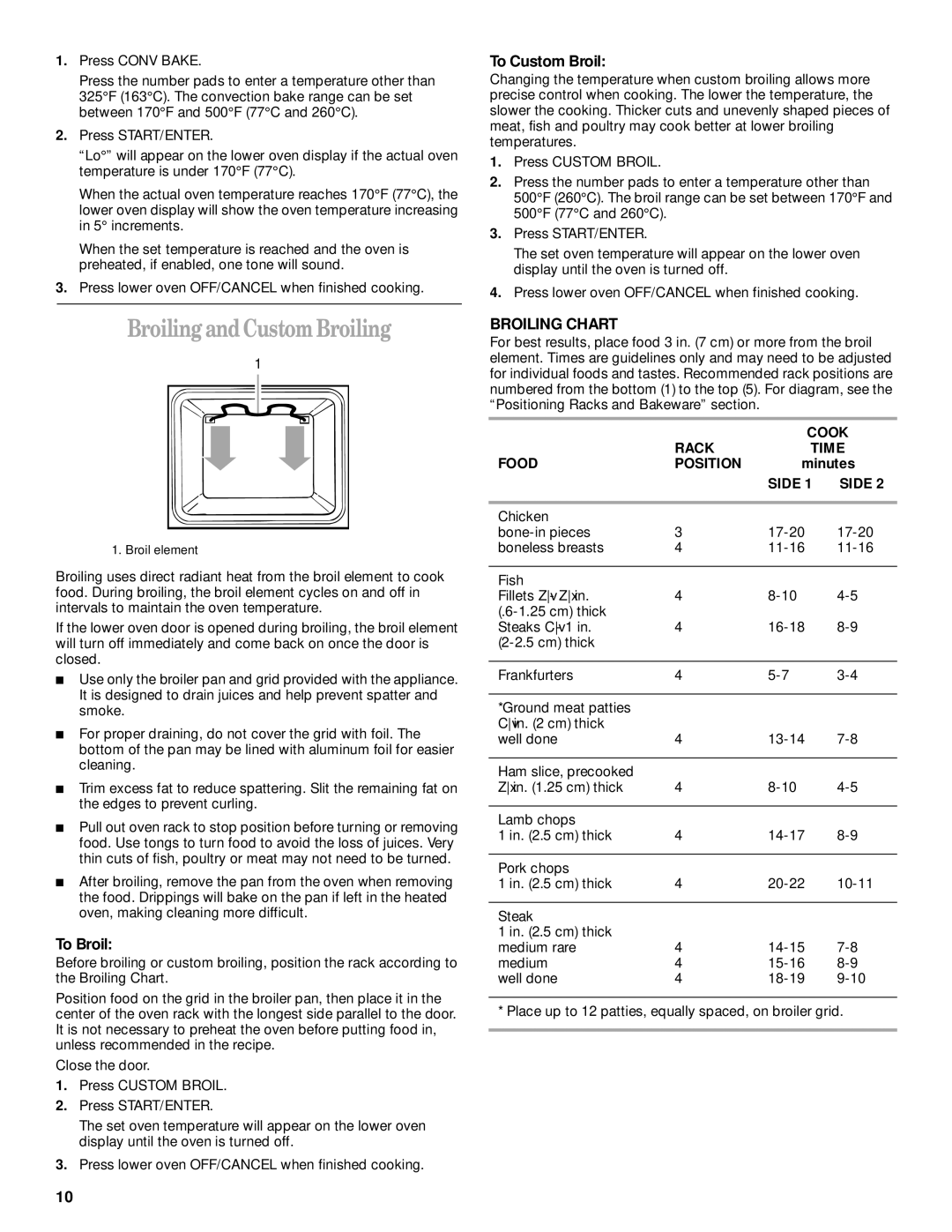 Whirlpool GSC278 manual Broiling and Custom Broiling, To Custom Broil, To Broil 