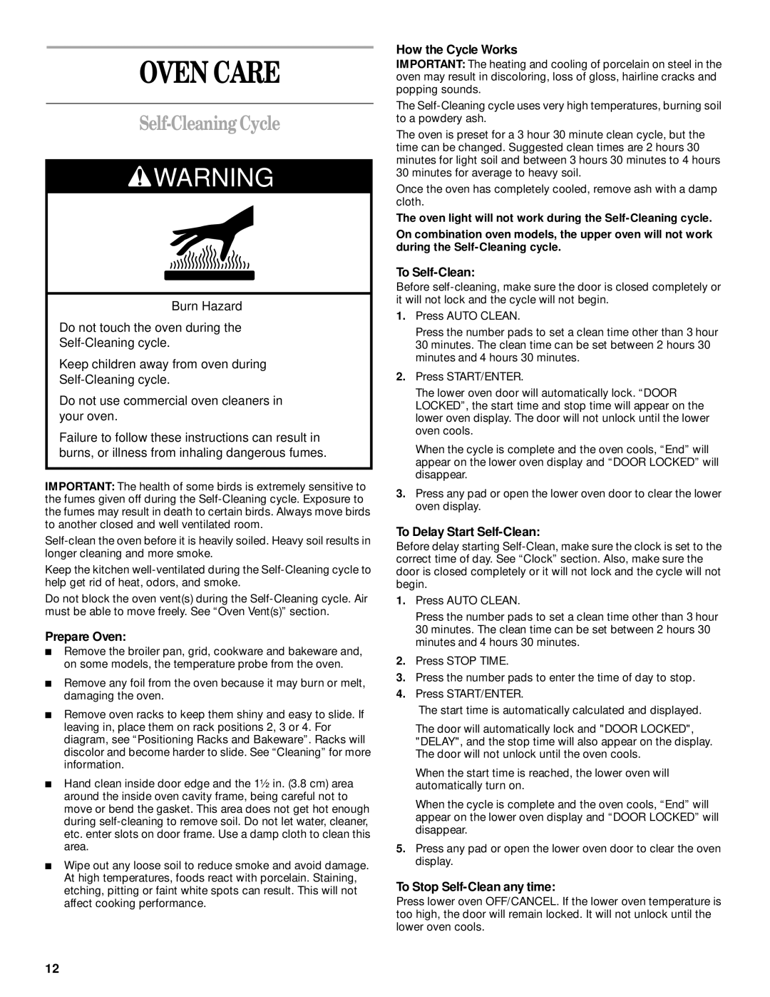 Whirlpool GSC278 manual Oven Care, Self-Cleaning Cycle 