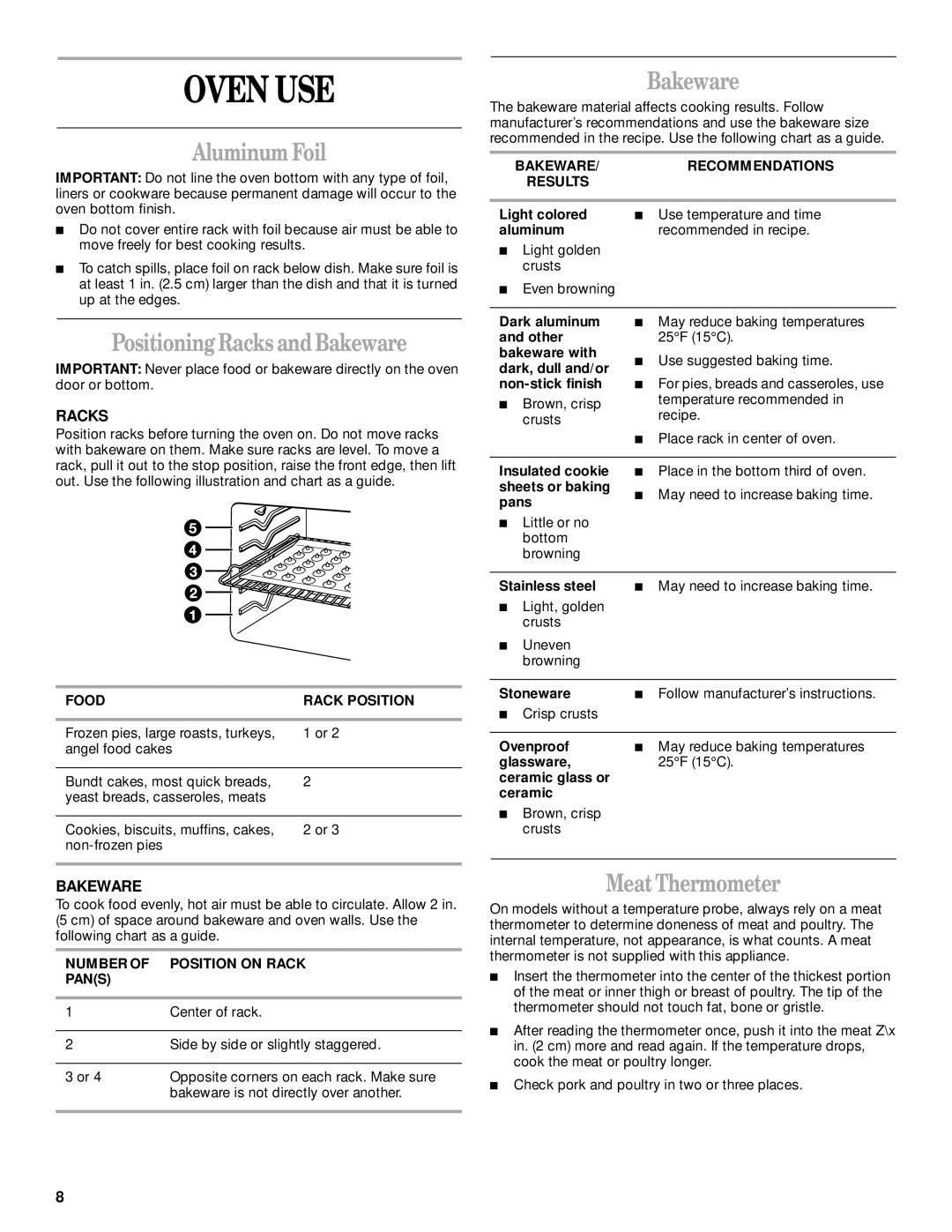 Whirlpool GSC278 manual Oven USE, Aluminum Foil, Positioning Racks and Bakeware, Meat Thermometer 