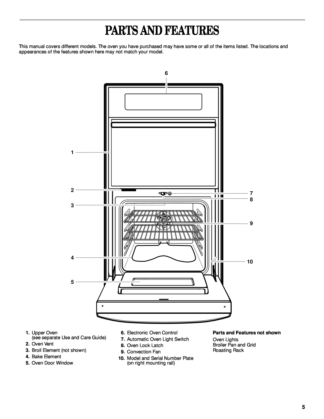 Whirlpool GSC278 manual Parts And Features, Parts and Features not shown 