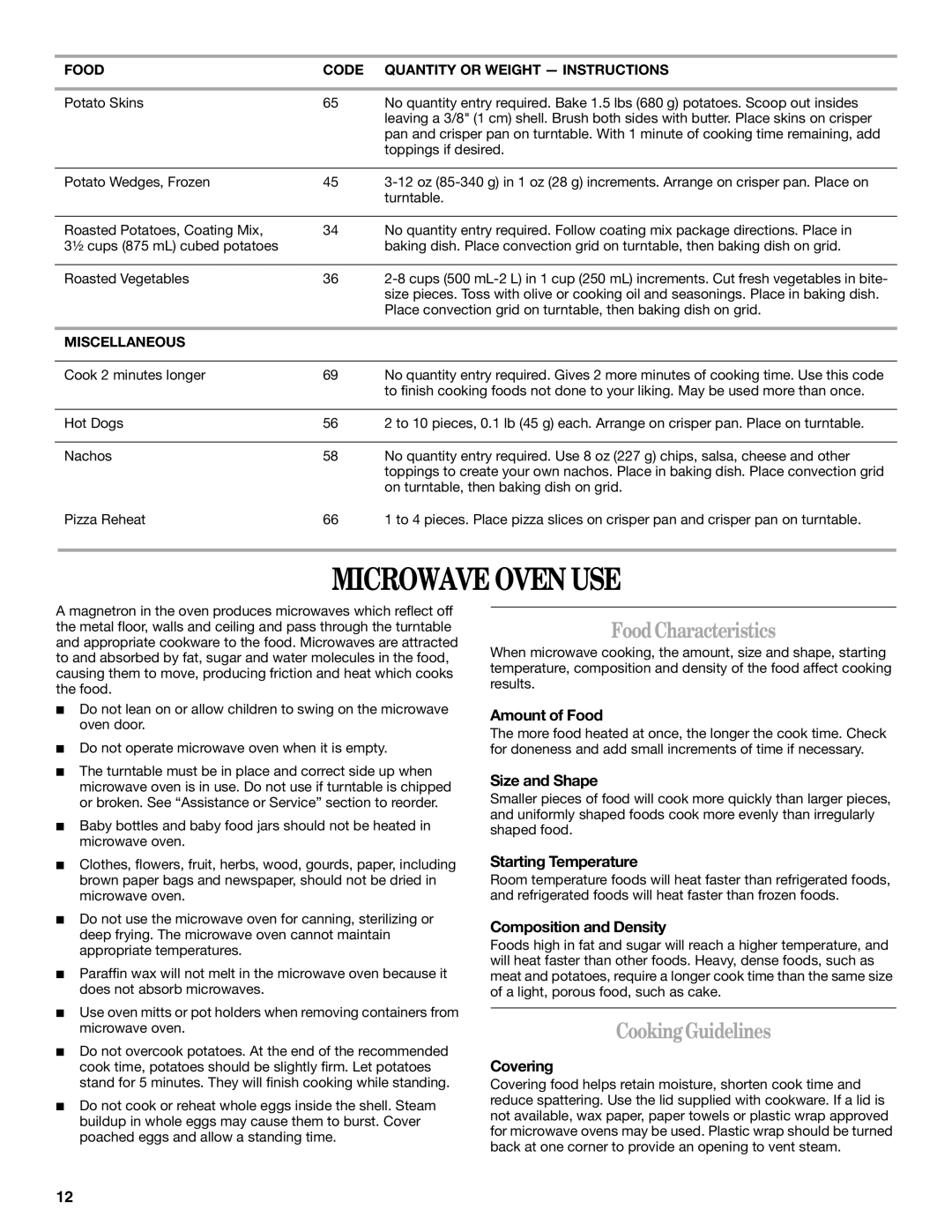 Whirlpool GSC308 YGSC308 manual Microwave Oven USE, FoodCharacteristics, CookingGuidelines 