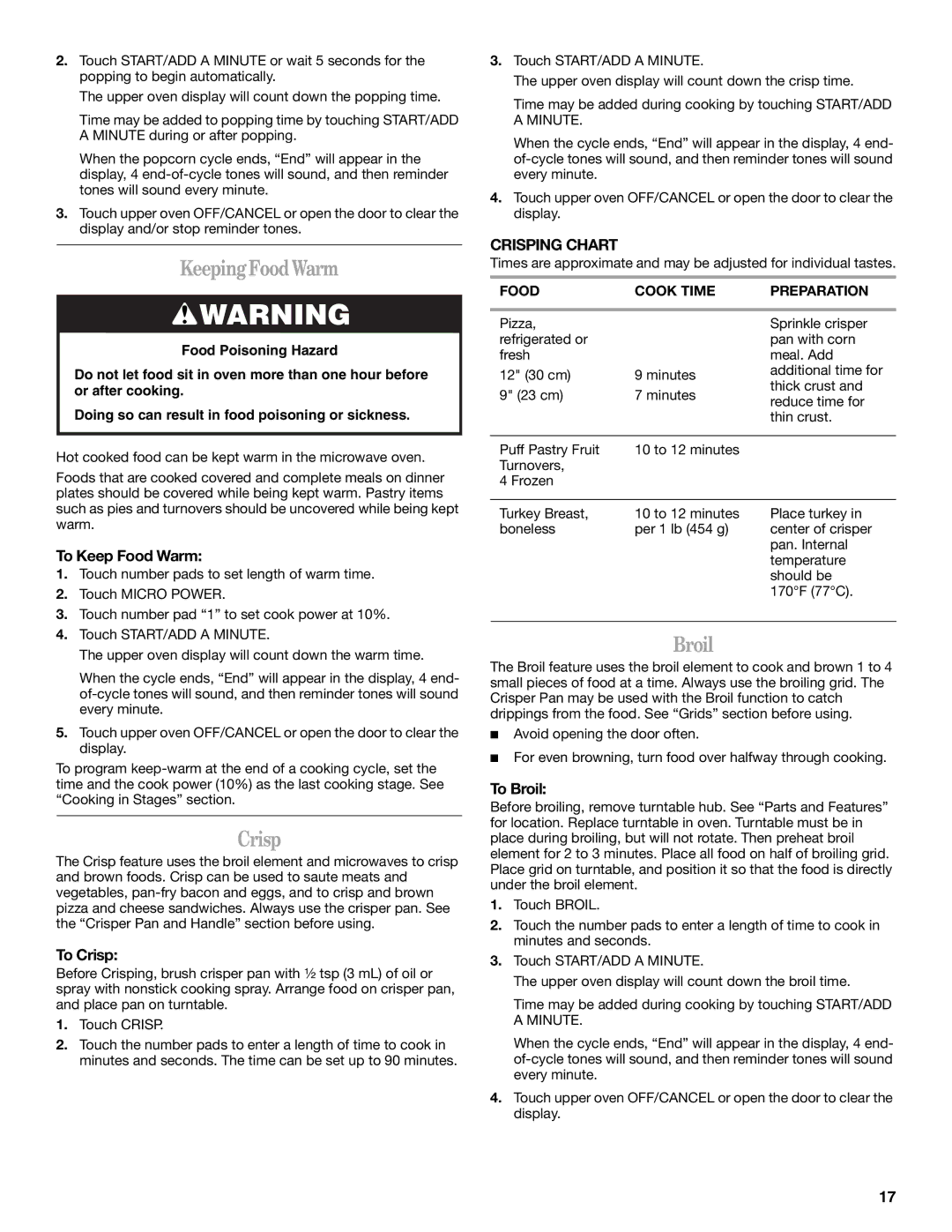 Whirlpool GSC308 YGSC308 manual KeepingFoodWarm, Broil, Crisping Chart 