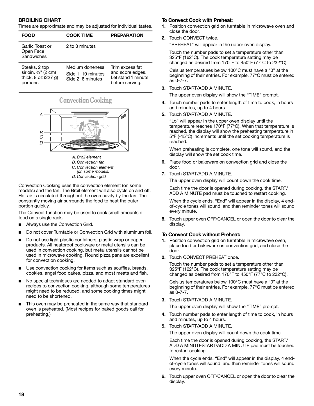 Whirlpool GSC308 YGSC308 ConvectionCooking, Broiling Chart, To Convect Cook with Preheat, To Convect Cook without Preheat 