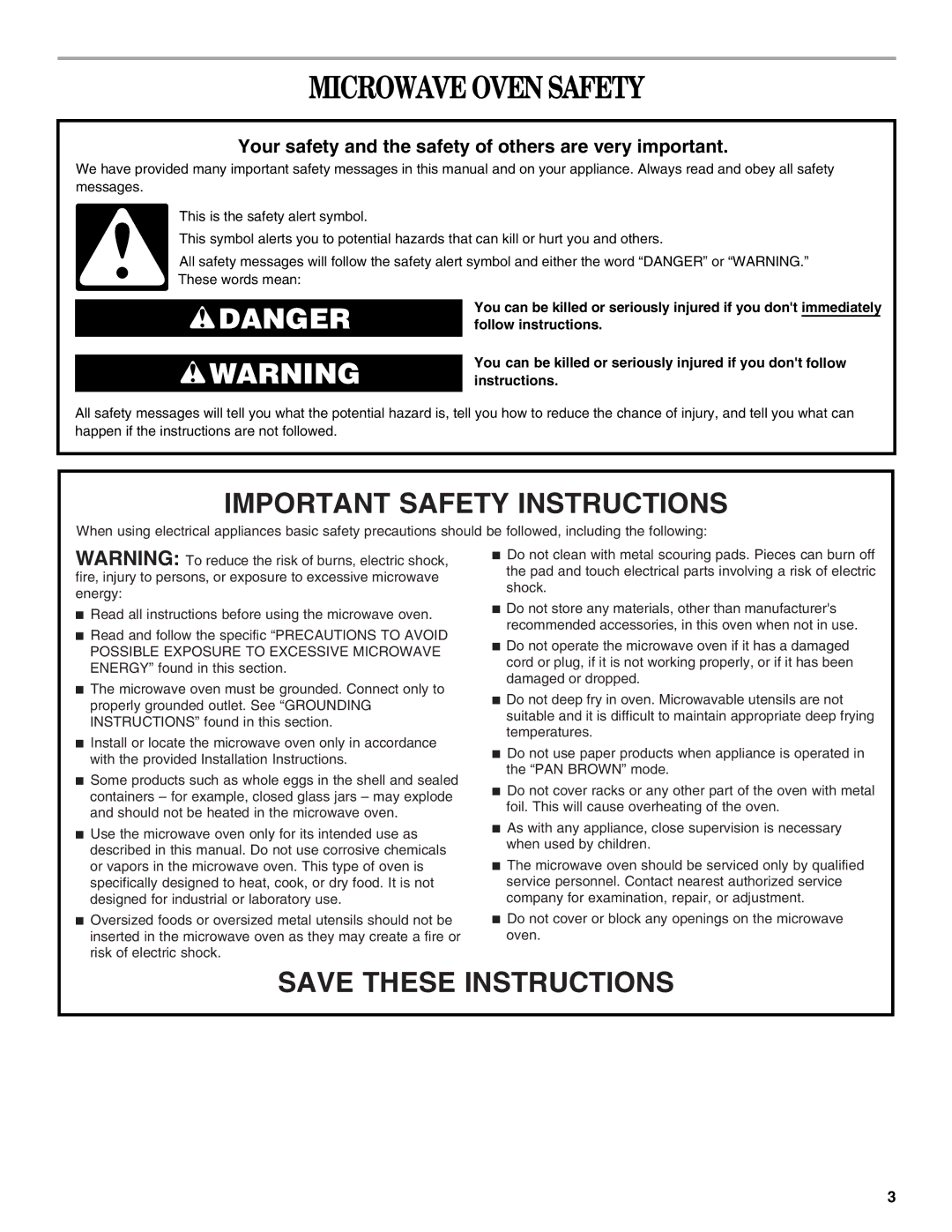 Whirlpool GSC308 YGSC308 manual Microwave Oven Safety, Your safety and the safety of others are very important 