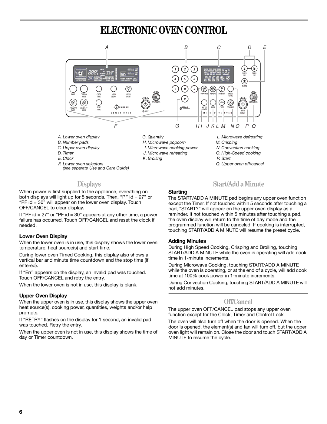 Whirlpool GSC308 YGSC308 manual Electronic Oven Control, Displays, Start/AddaMinute, Off/Cancel 