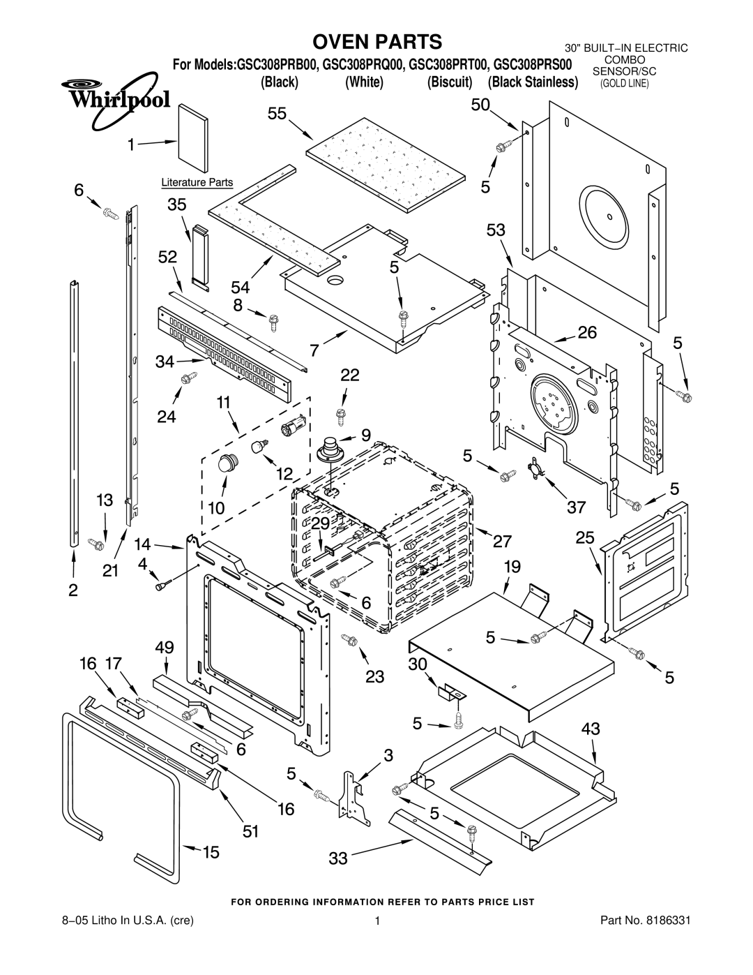 Whirlpool GSC308PRB00, GSC308PRT00, GSC308PRQ00, GSC308 PRS00 manual Oven Parts 