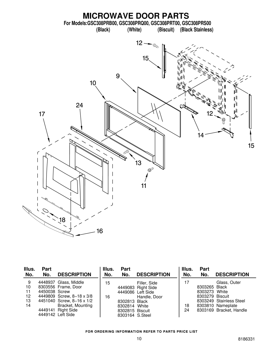 Whirlpool GSC308PRQ00, GSC308PRT00, GSC308PRB00, GSC308 PRS00 manual Microwave Door Parts 