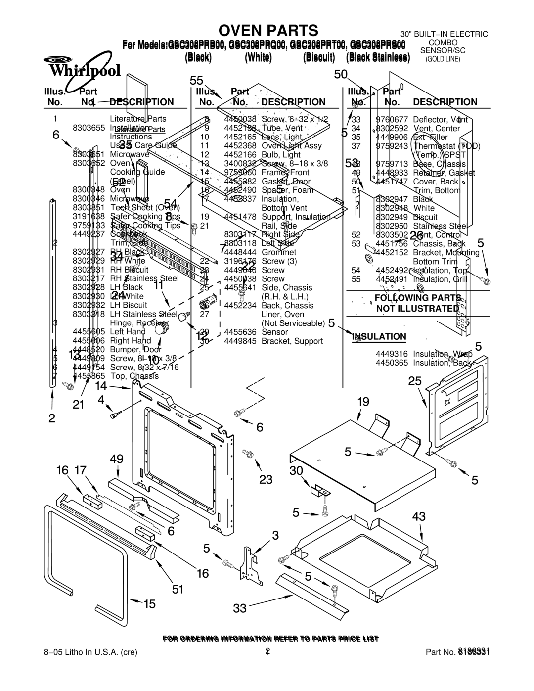 Whirlpool GSC308PRQ00, GSC308PRT00, GSC308PRB00, GSC308 PRS00 manual Oven Parts, Illus. Part No. No. Description 