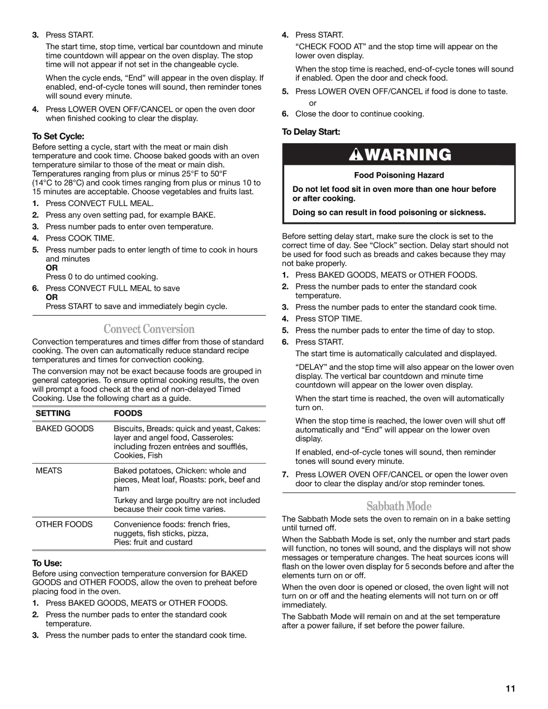 Whirlpool GSC309 manual ConvectConversion, SabbathMode, To Set Cycle, To Delay Start, Setting Foods 