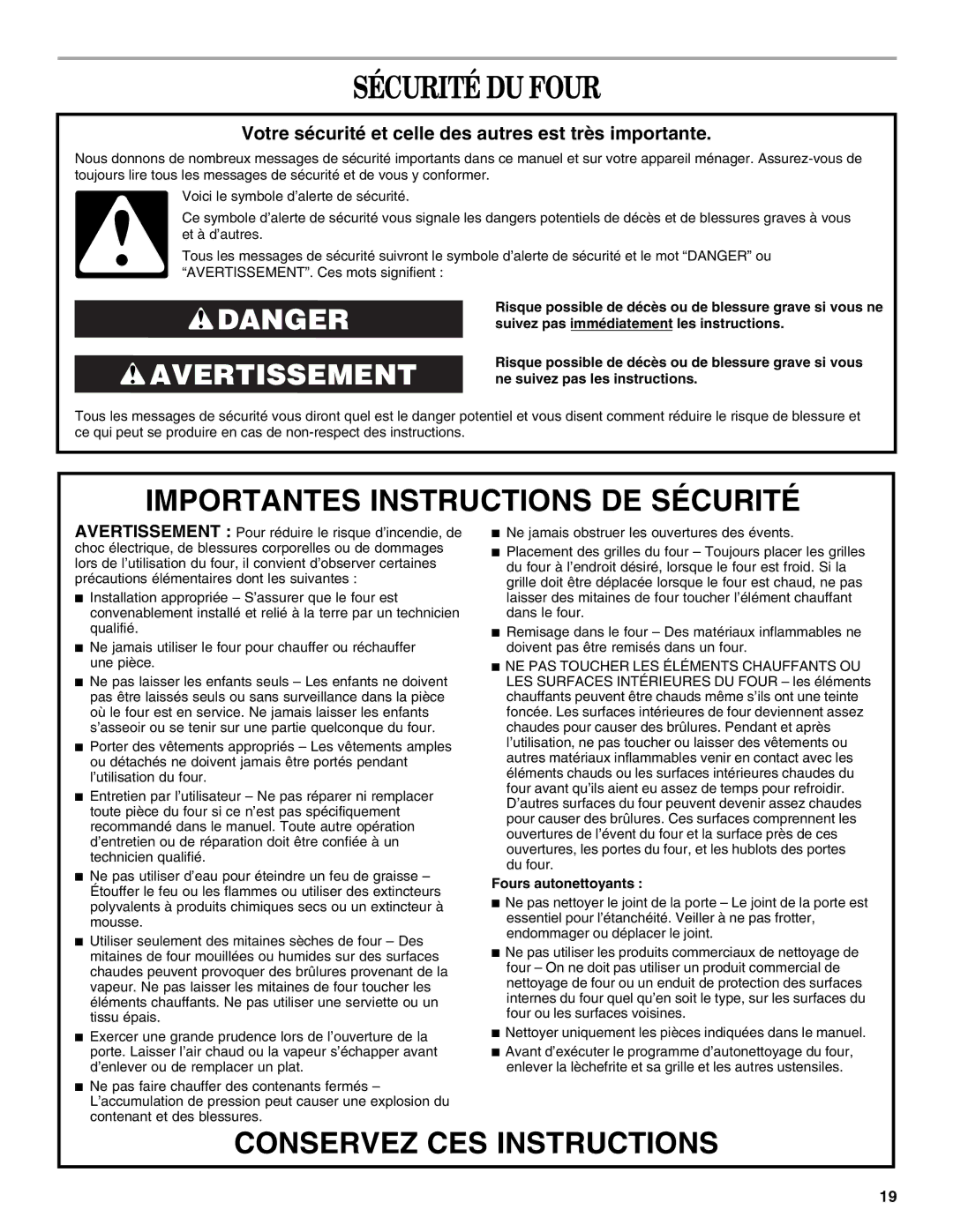 Whirlpool GSC309 manual Sécurité DU Four, Votre sécurité et celle des autres est très importante 