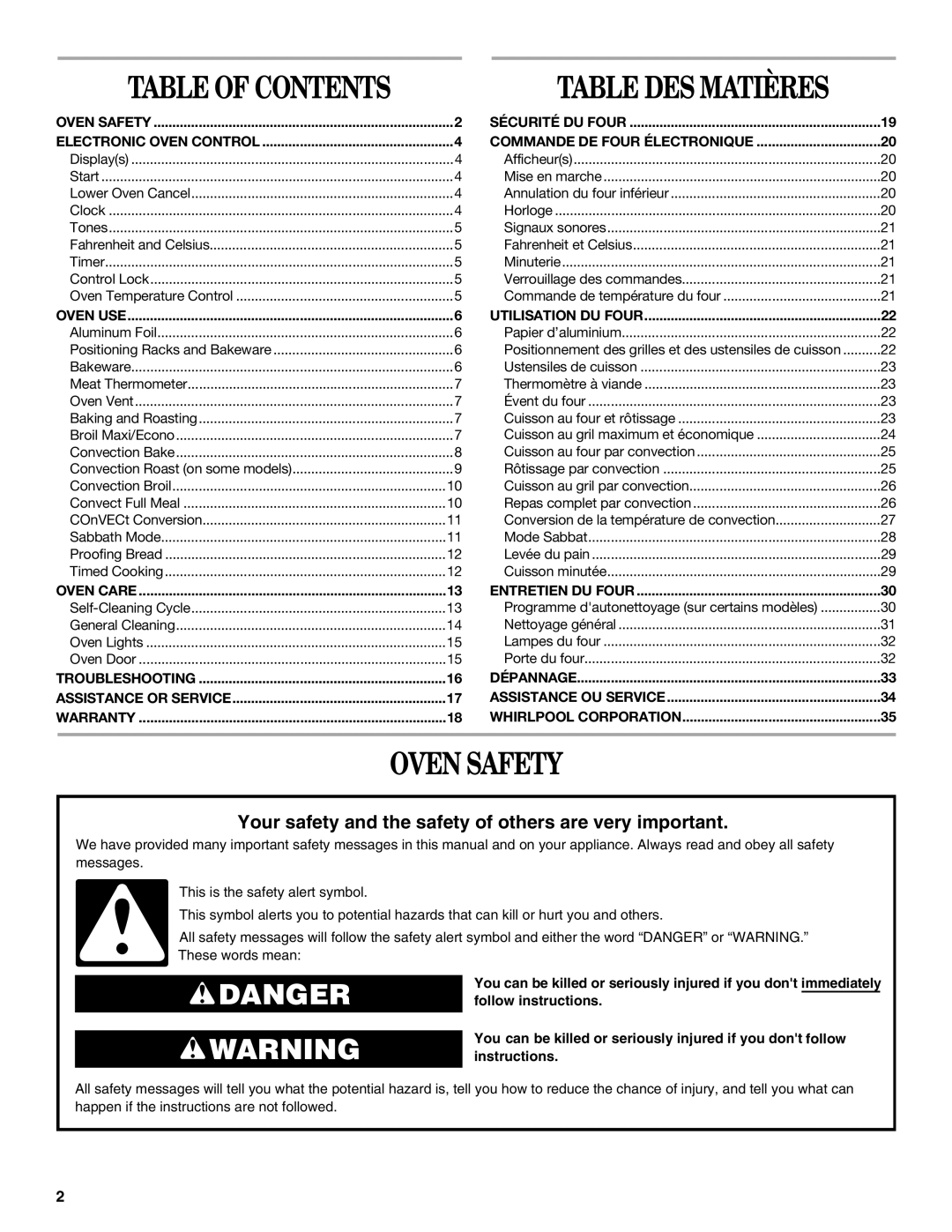 Whirlpool GSC309 manual Oven Safety, Table of Contents 