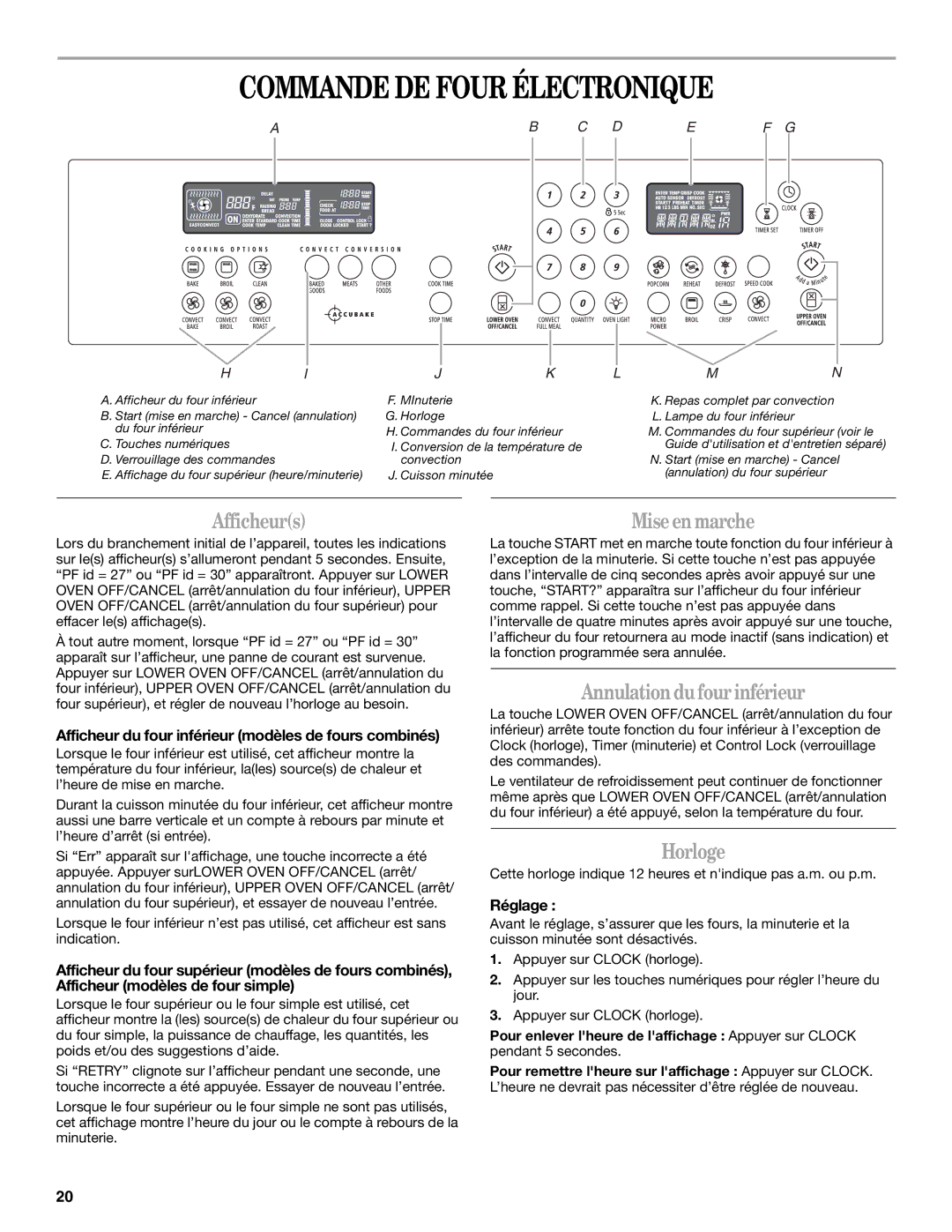 Whirlpool GSC309 manual Commande DE Four Électronique, Afficheurs, Miseenmarche, Annulationdufourinférieur, Horloge 