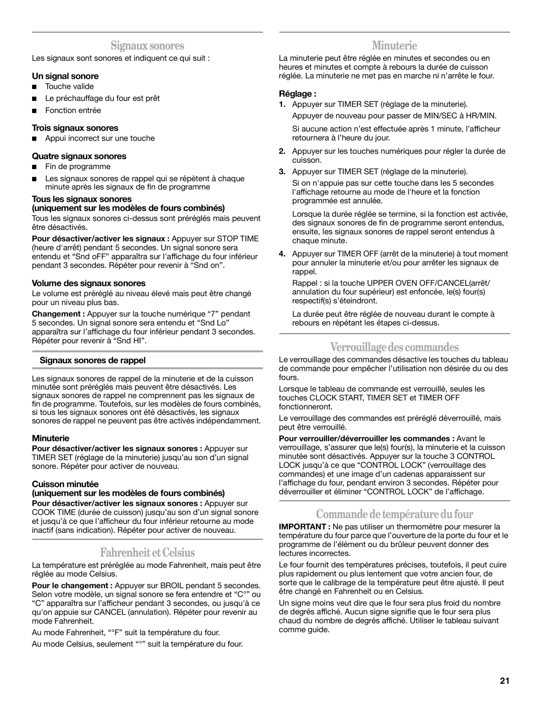 Whirlpool GSC309 Signauxsonores, FahrenheitetCelsius, Minuterie, Verrouillagedes commandes, Commandedetempératuredufour 