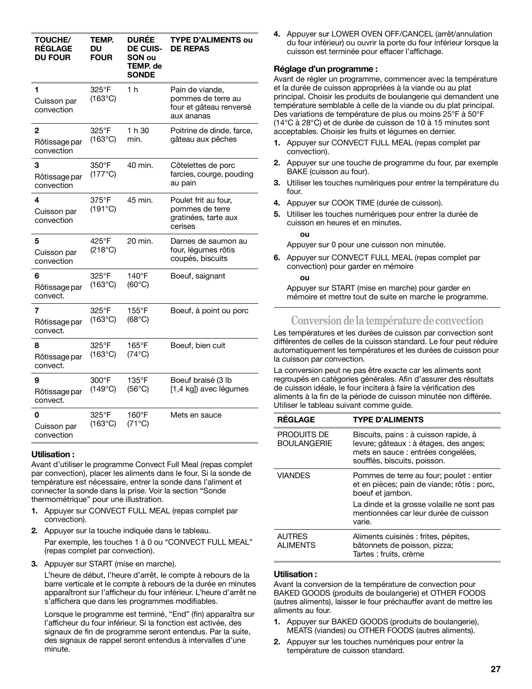 Whirlpool GSC309 manual Conversiondela températuredeconvection, Utilisation, Réglage d’un programme 