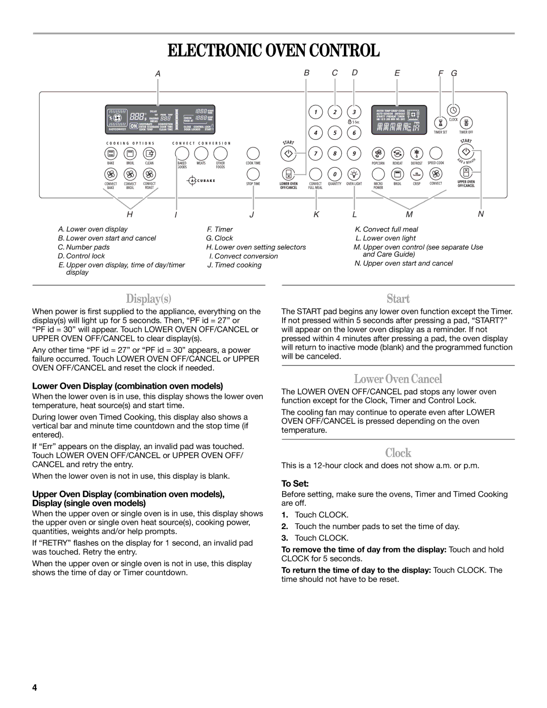 Whirlpool GSC309 manual Electronic Oven Control, Displays, Start, Lower OvenCancel, Clock 