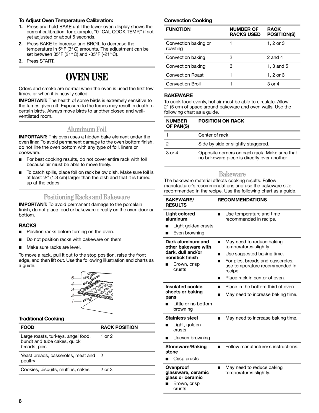 Whirlpool GSC309 manual Oven USE, AluminumFoil, Positioning RacksandBakeware 