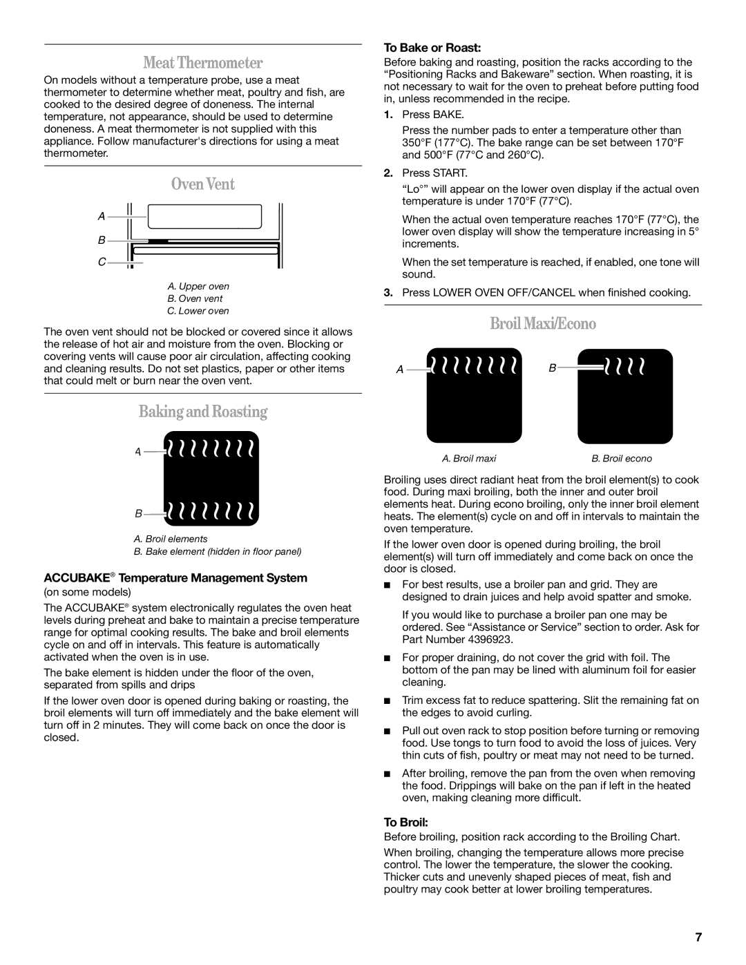 Whirlpool GSC309 manual MeatThermometer, OvenVent, BakingandRoasting, BroilMaxi/Econo 