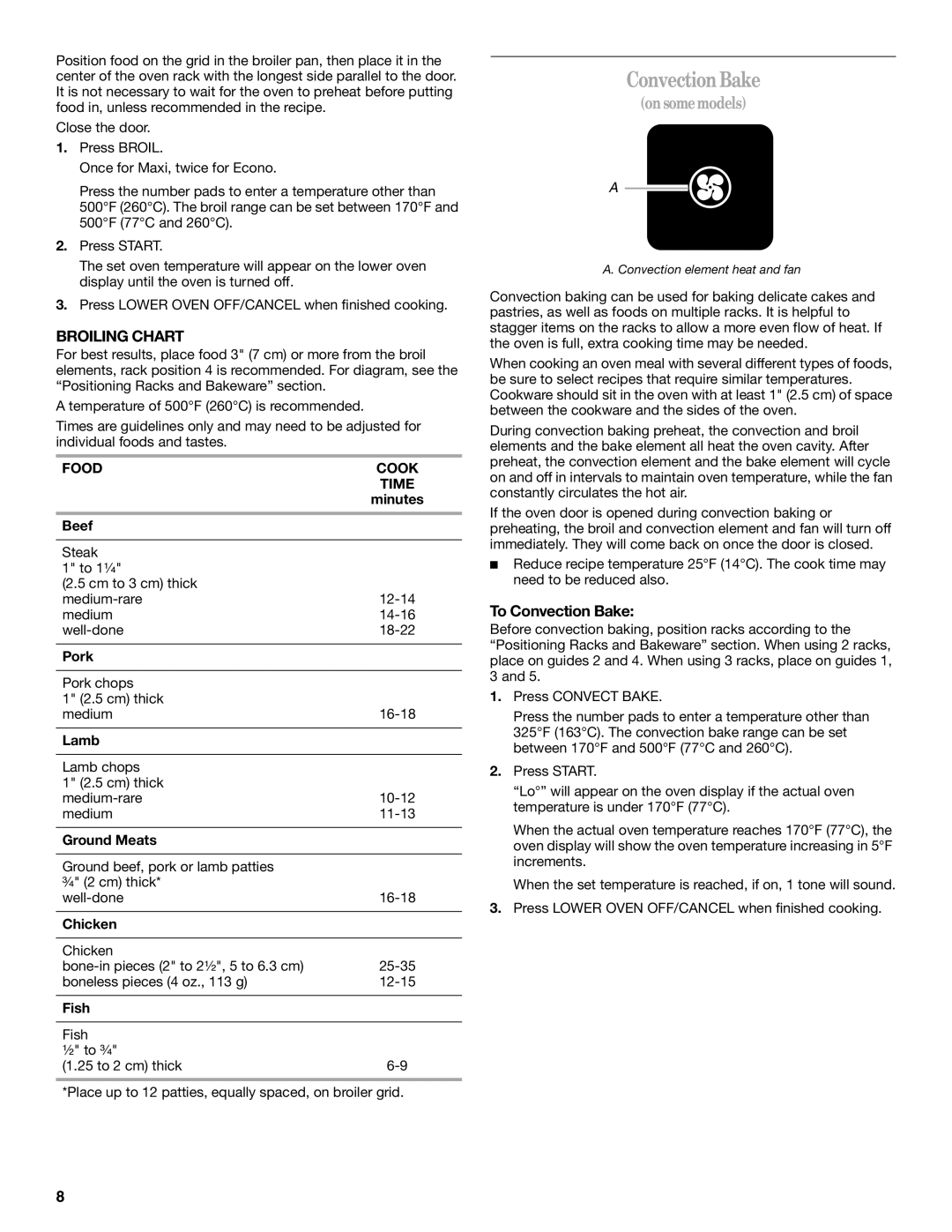 Whirlpool GSC309 manual ConvectionBake, Broiling Chart, To Convection Bake, Food Cook Time 